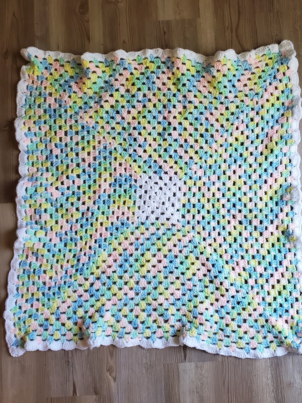 New Handmade Pastel Crochet Baby Blanket - Varigated White Ruffled Trim 31 x 31
